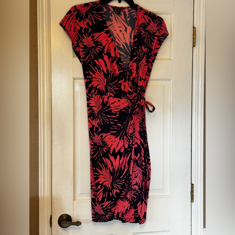 Maggy London Navy Wrap Dress with Coral Floral Print
